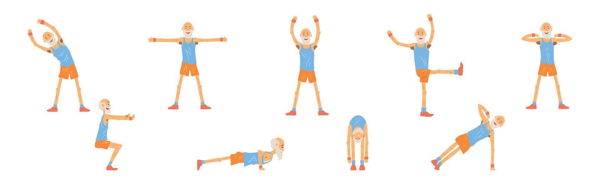 Funny Senior Man Character Exercising and Workout Set vector