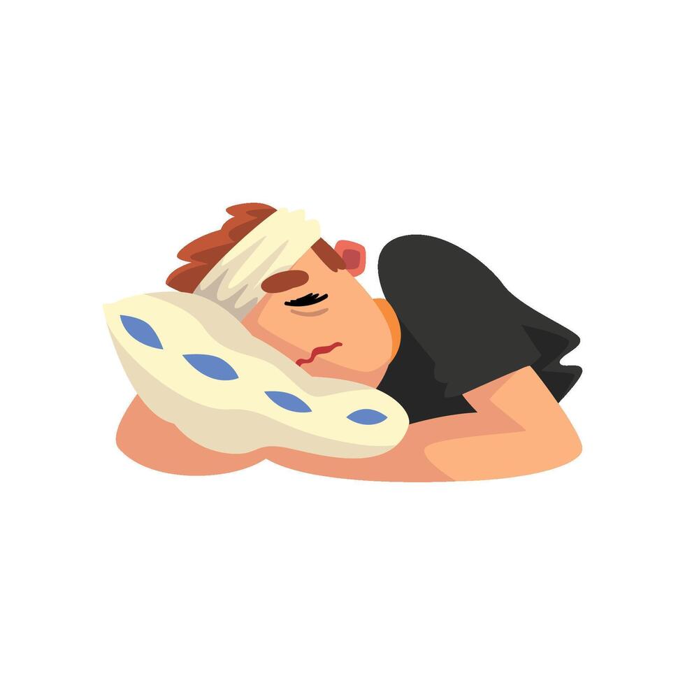 Man with a bandaged head suffering from headache sleeping, migraine, health problems, sick unhappy man character Illustration vector