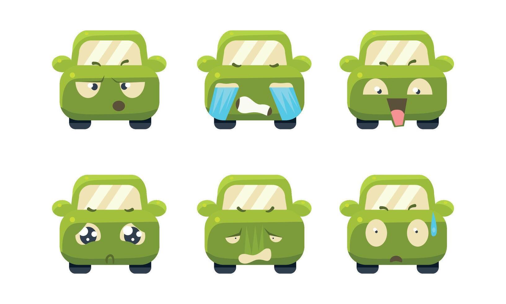 Collection of car emoticons, cute green car cartoon characters showing different emotions Illustration vector