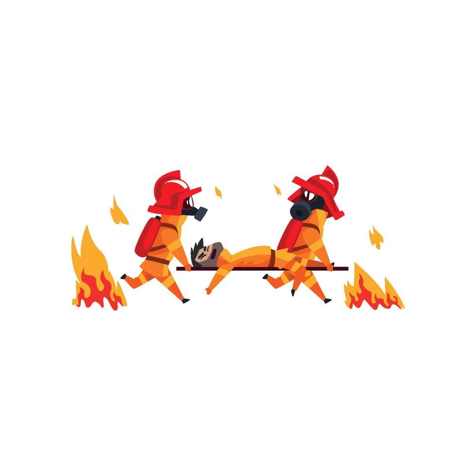 Firefighters carrying the injured on stretchers, firemen characters in uniform at work Illustration on a white background vector