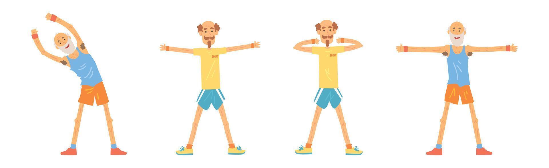 Funny Senior Man Character Exercising and Workout Set vector