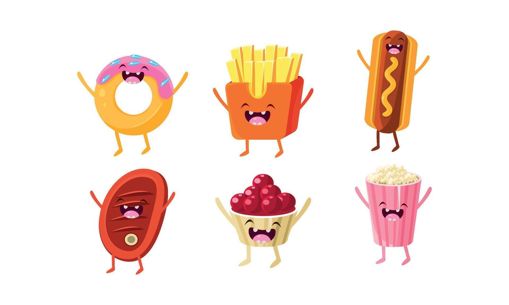 Funny fast food characters set, donut, french fries, hot dog, meat steak, ice cream, popcorn Illustration vector