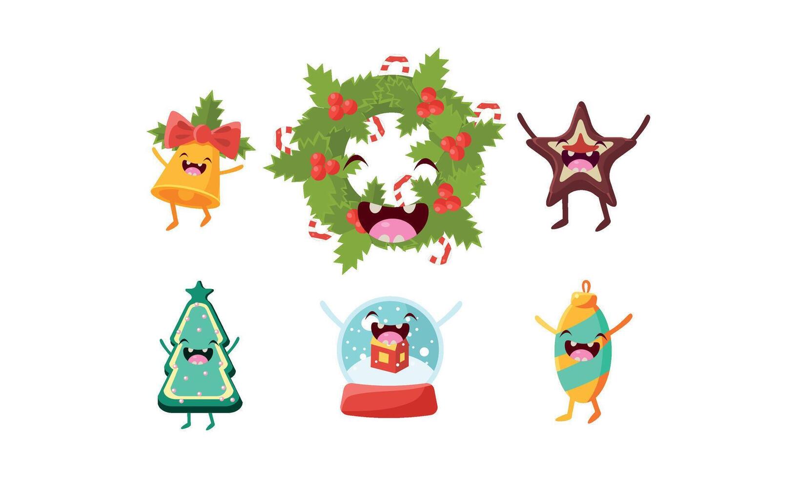 Cute Christmas cartoon characters set, funny decoration elements Illustration vector