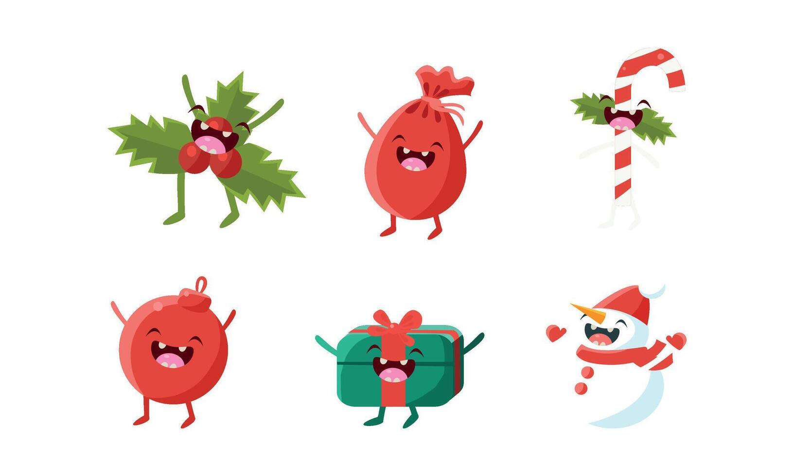 Cute Christmas cartoon characters set, mistletoe branch, gift box, bag with gifts, candy cane, snowman, funny decoration elements Illustration vector