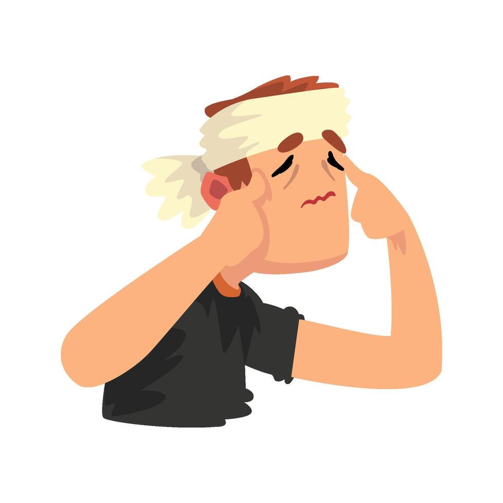 Man with a bandaged head with a headache, disease of the head, migraine, sick unhappy man character Illustration vector