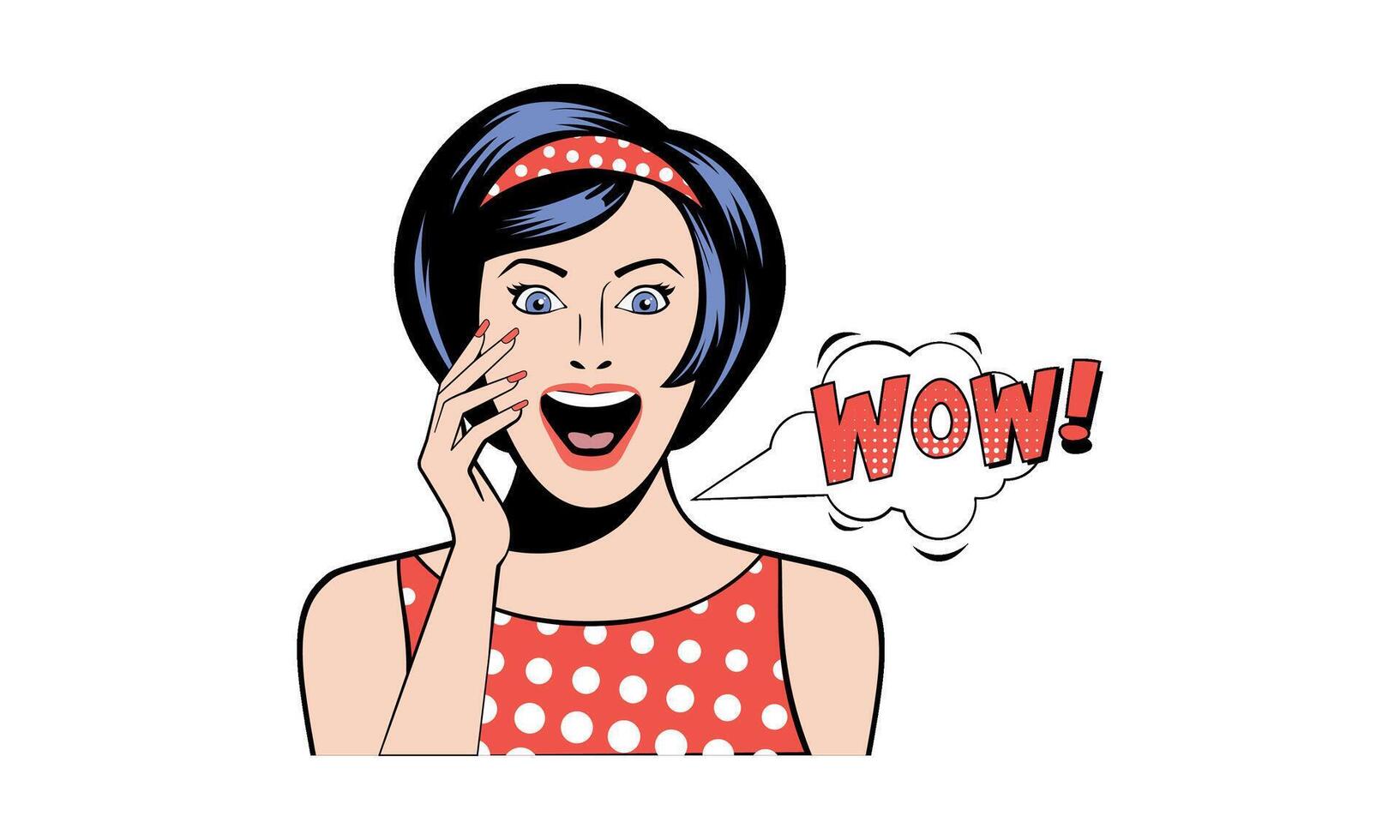Beautiful surprised woman saying WOW, excited girl in retro pop art style Illustration on a white background vector