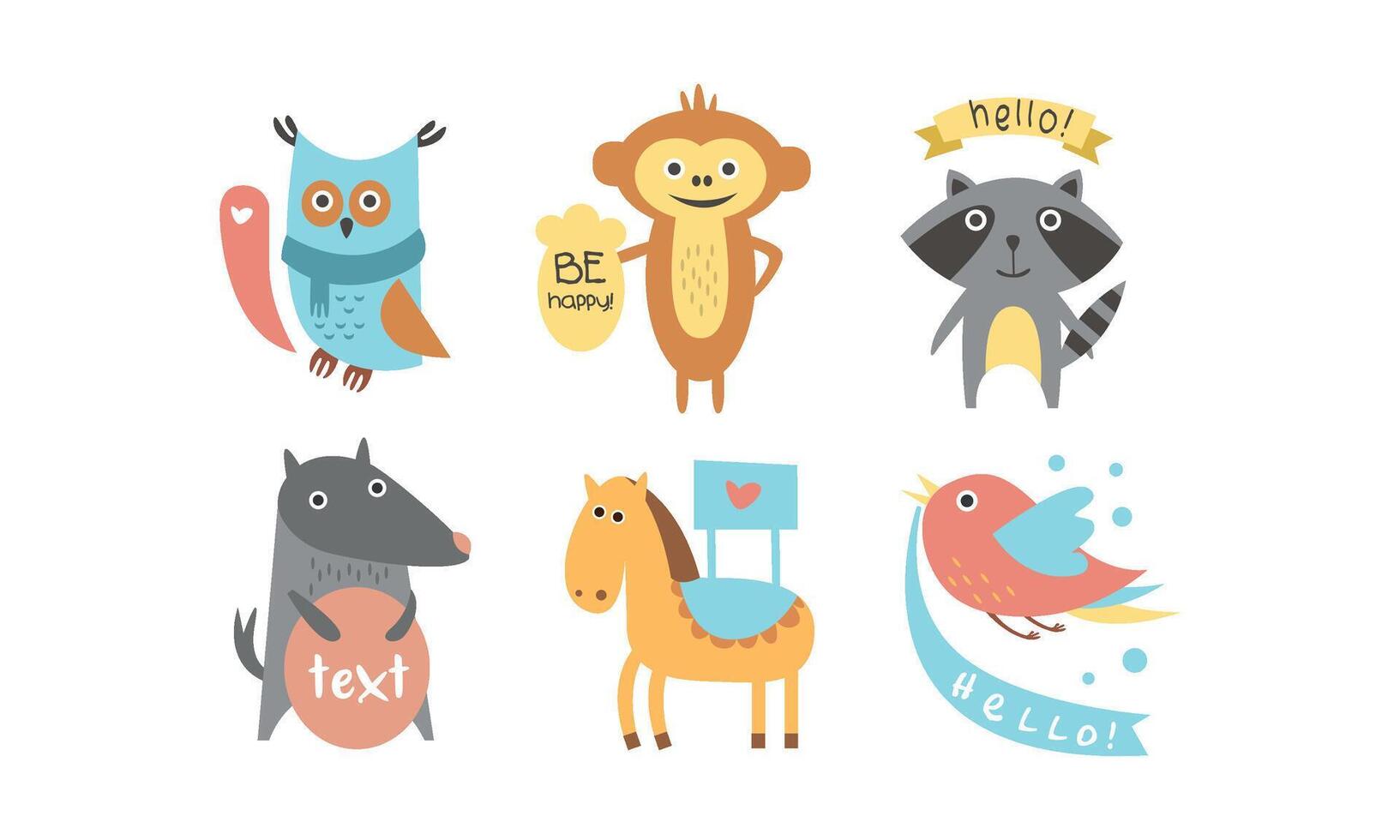 Cute animals with banners set, owl, raccoon, monkey, wolf, horse, bird holding signboards with text, design elelment for greeting card, print, poster, banner Illustration vector