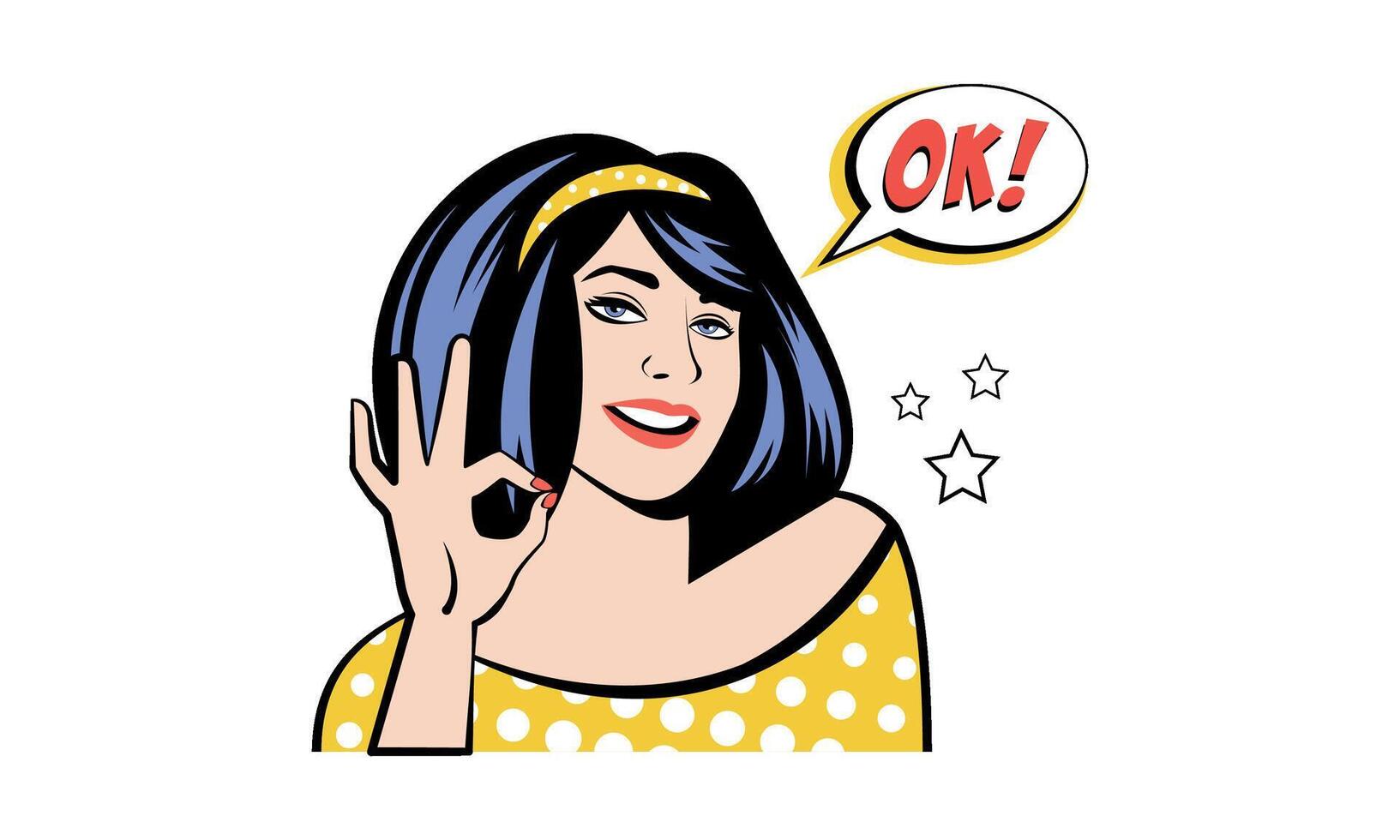 Beautiful woman showing OK sign, girl in retro pop art style Illustration on a white background vector
