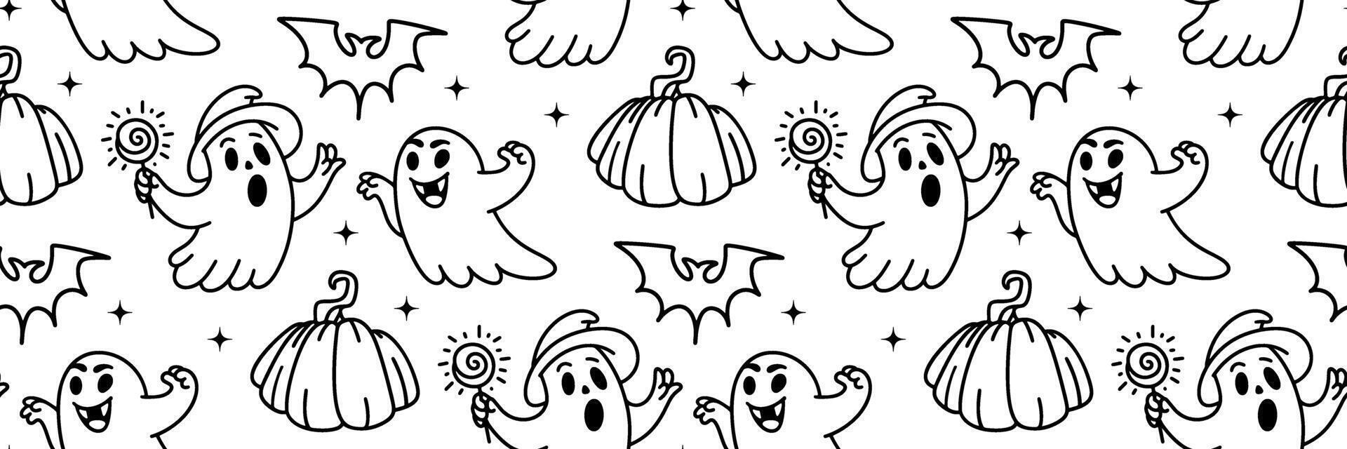 Halloween doodle pattern. Spooky character, bat and pumpkin outline background. Cute ghost for fun holiday. For printing, wrapping paper, wallpaper, fabric. hand drawn illustration. vector