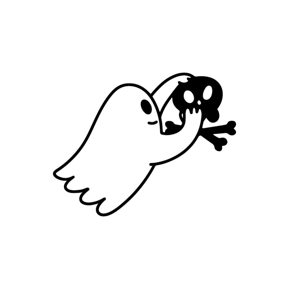 Halloween doodle ghost. Cute poltergeist with skull. outline illustration. For coloring book. vector