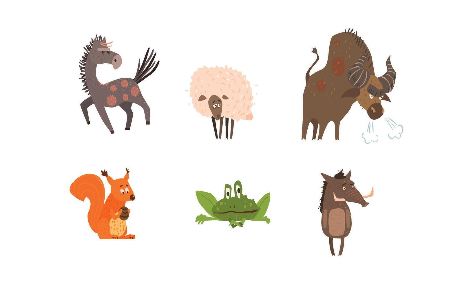 Collection of funny farm and forest animals, horse, sheep, bison, squirrel, frog, boar Illustration vector