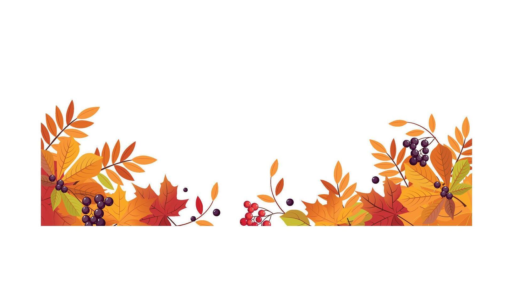 Autumn background with space for text, banner with bright autumn chokeberry, rowan, maple leaves and berries Illustration vector