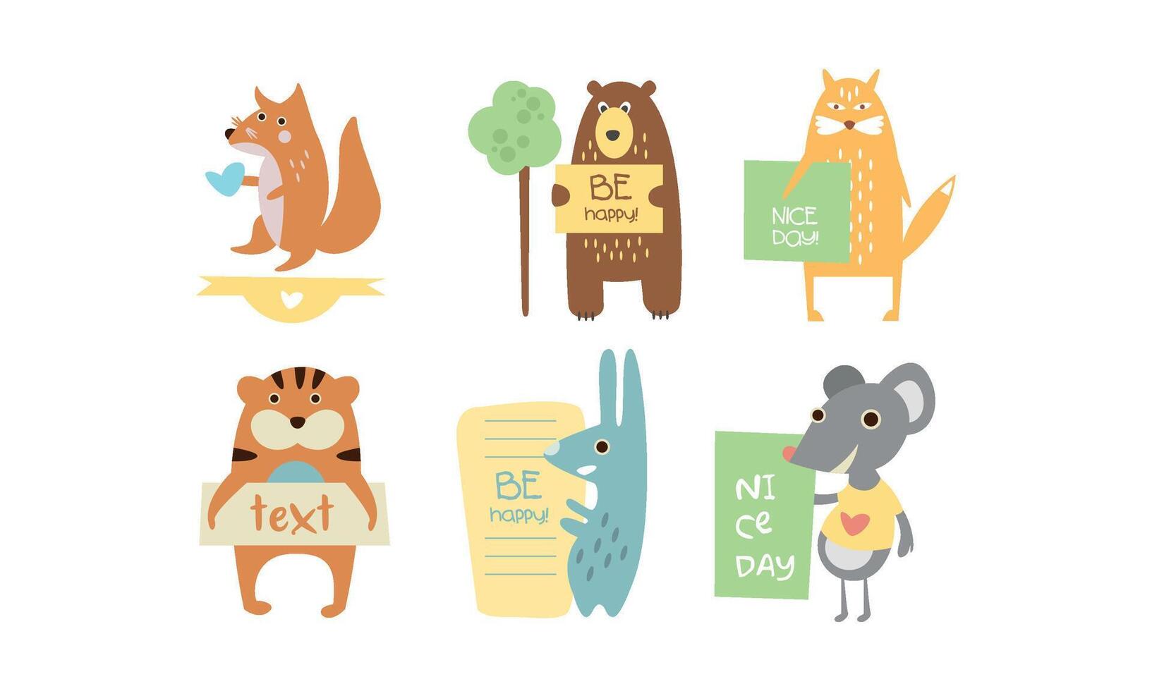 Lovely animals with banners set, cute fox, bear, cat, tiger, rabbit, mouse holding signboards with text, design elelment for greeting card, print, poster, banner Illustration vector