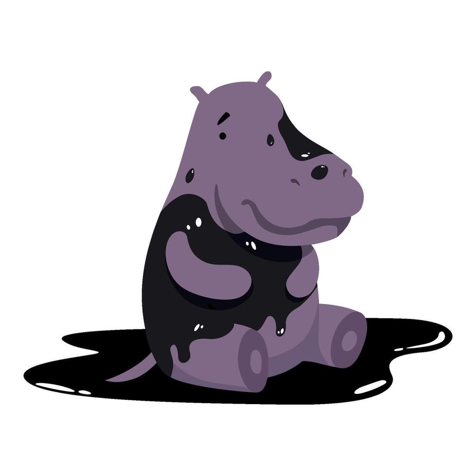 Hippo in oil stains, global environmental problem, ecological disaster Illustration on a white background vector