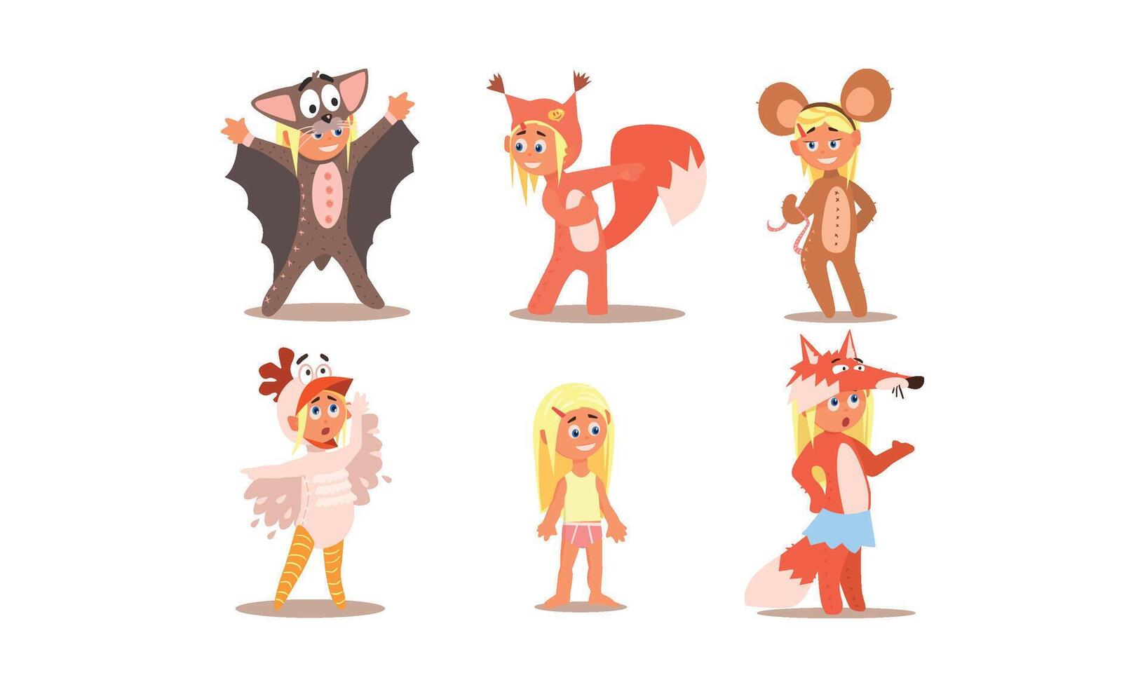 Girl in different masquerade costumes set, bat, squirrel, monkey, fox, duckling Illustration vector