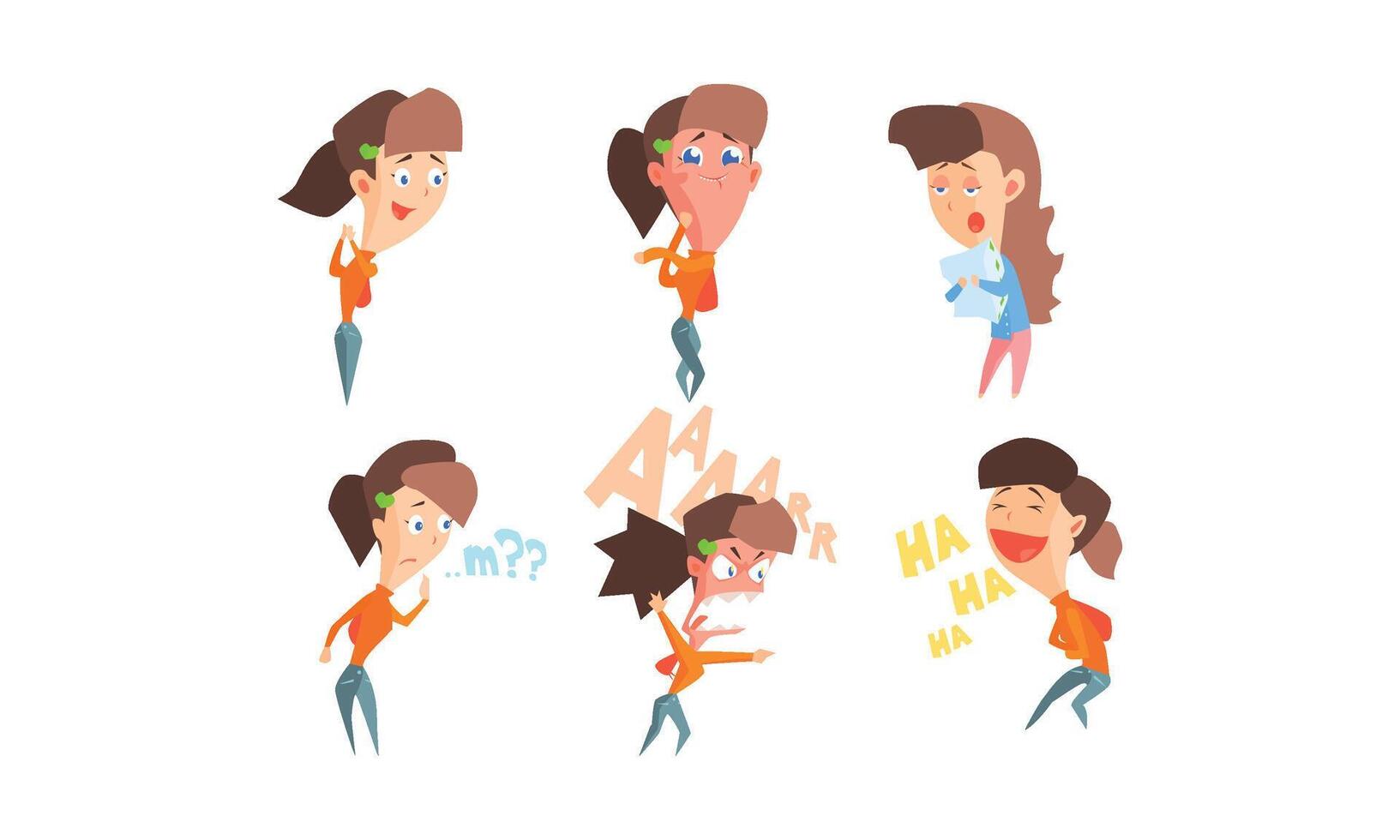 Girl showing different emotions set, girl with different facial expressions and poses Illustration vector