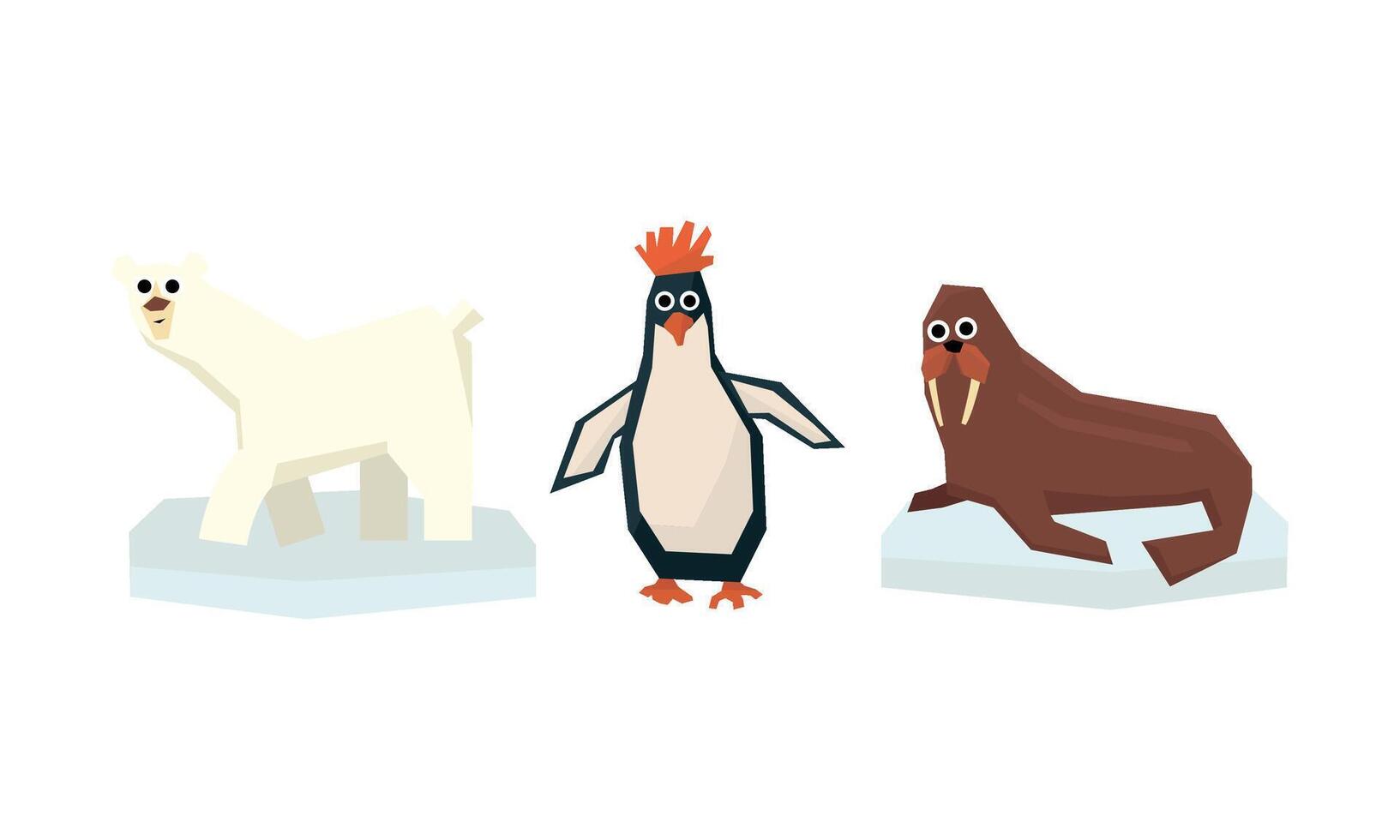 Collection of cute geometric Arctic animals, polar bear, penguin, walrus Illustration on a white background vector