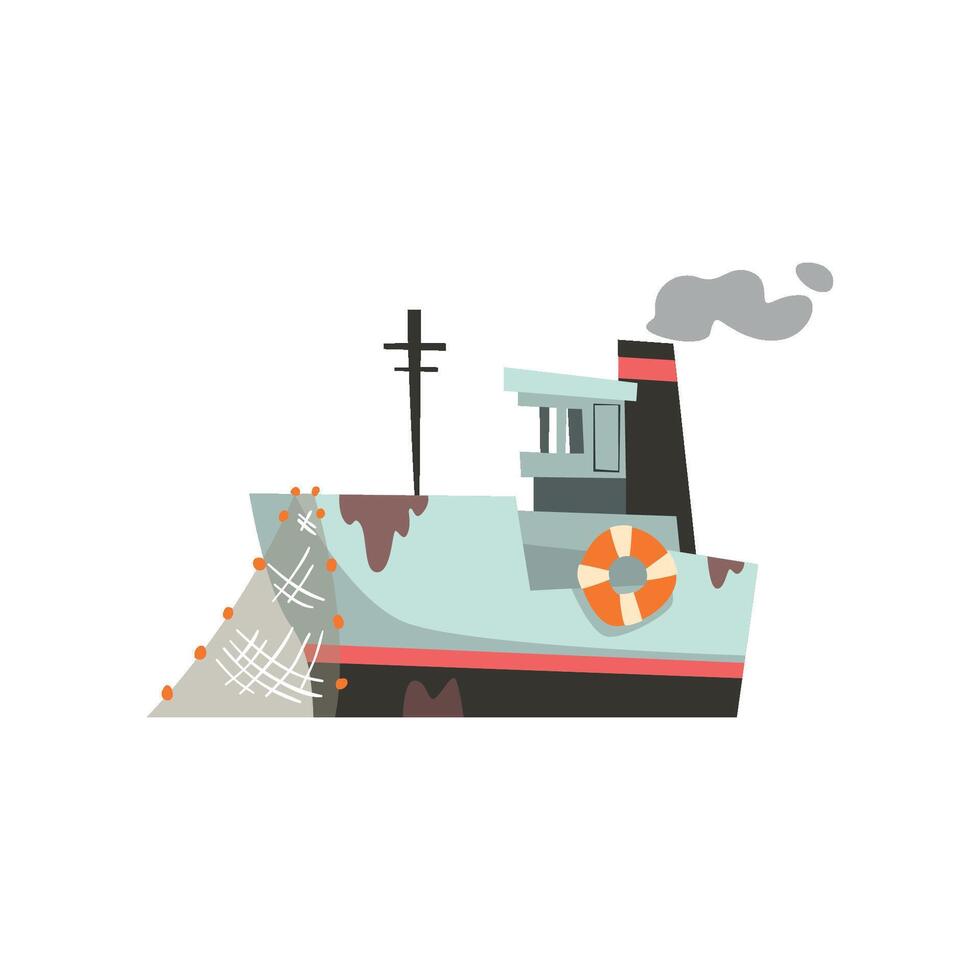Fishing boat, industrial trawler for seafood production, retro marine ship Illustration vector
