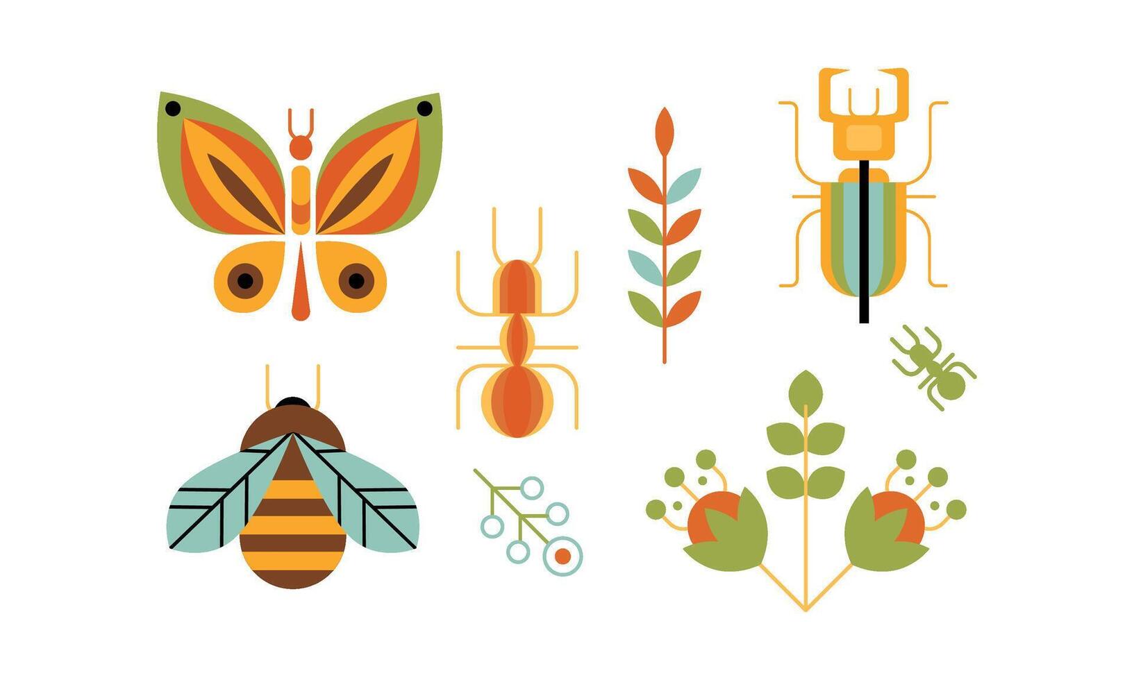 Collection of insects and plants, butterfly, bee, ant and nature and beetle deer, ecology design elements Illustration vector
