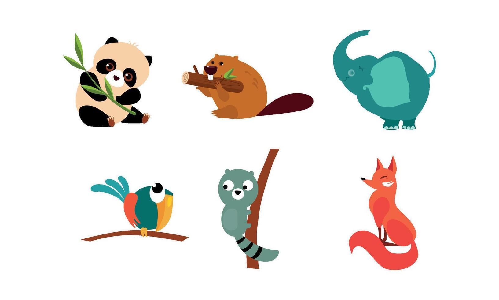Collection of cute animals, panda bear, beaver, parrot, raccoon, fox Illustration on a white background vector