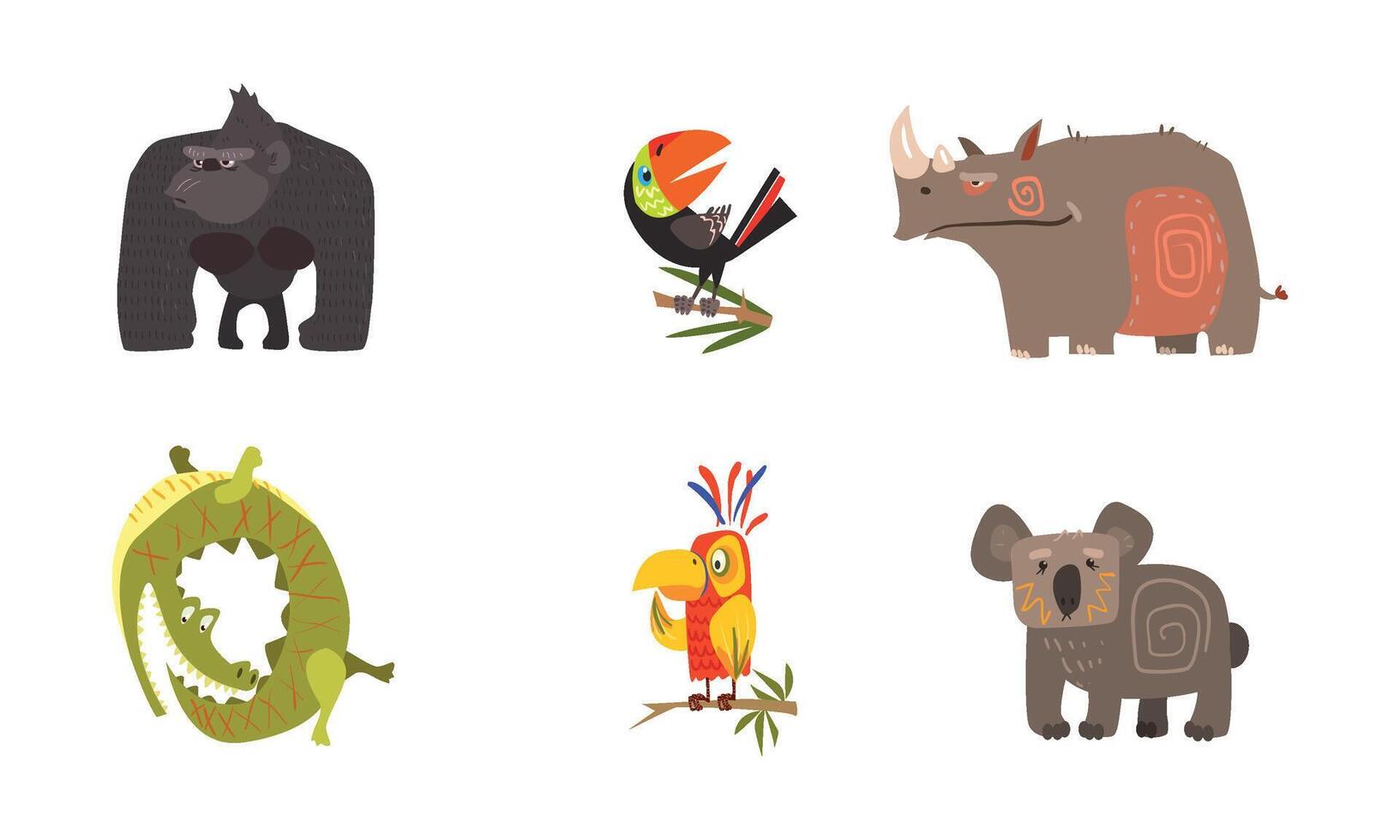 Cute cartoon African animals set, gorilla, toucan, rhino, crocodile, parrot, koala bear Illustration on a white background vector