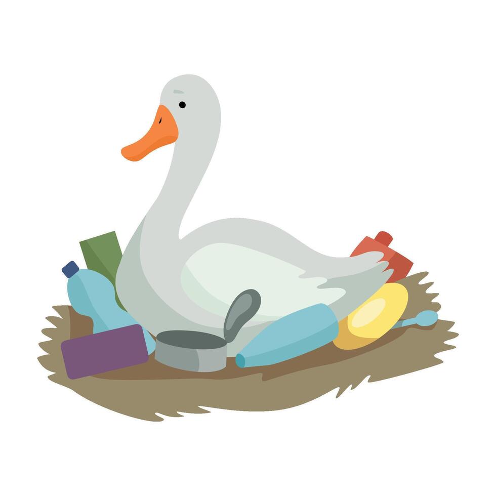 Swan sitting in the nest of plastic waste, global environmental problem, ecological disaster Illustration on a white background vector