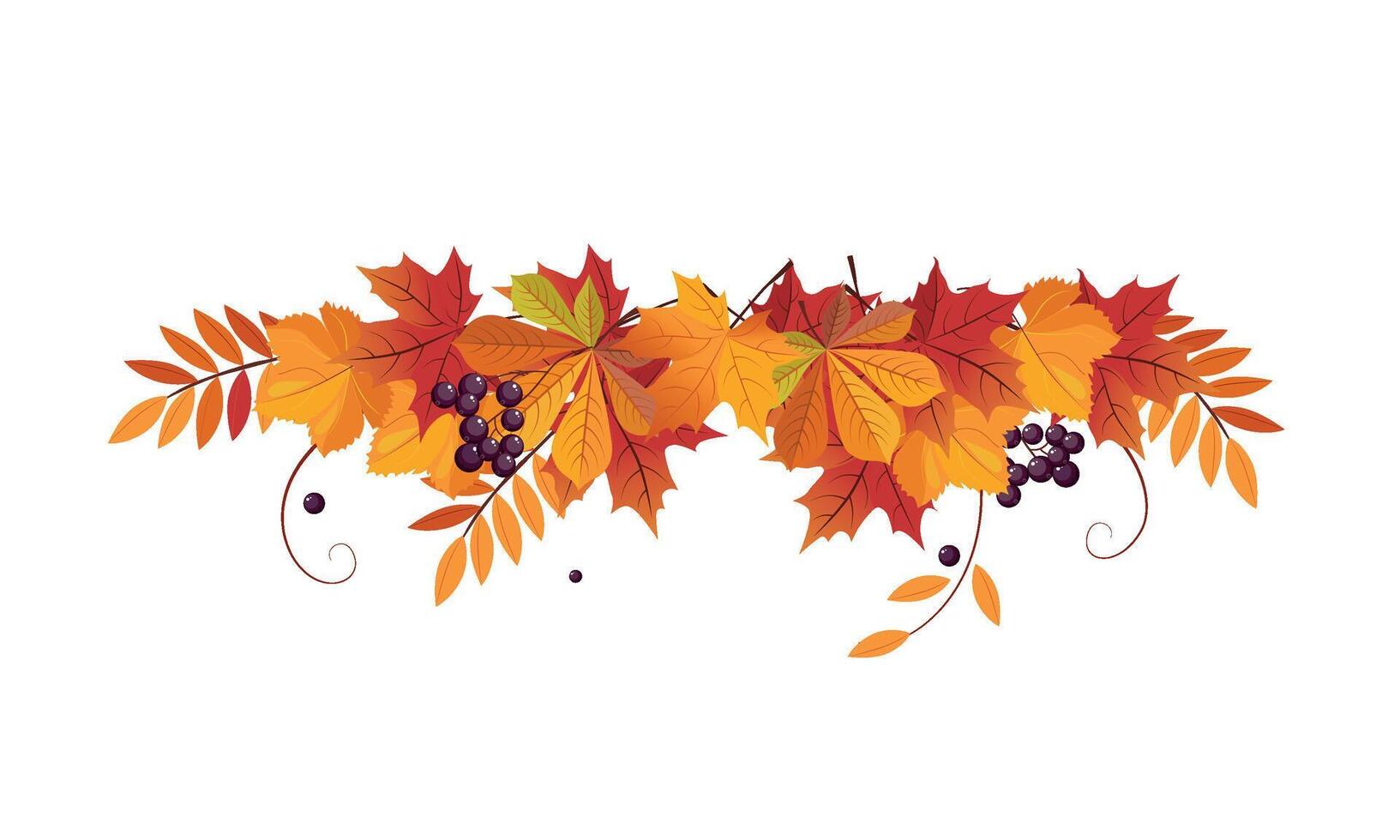Autumn background with space for text, banner with bright autumn chokeberry, rowan and maple leaves Illustration vector