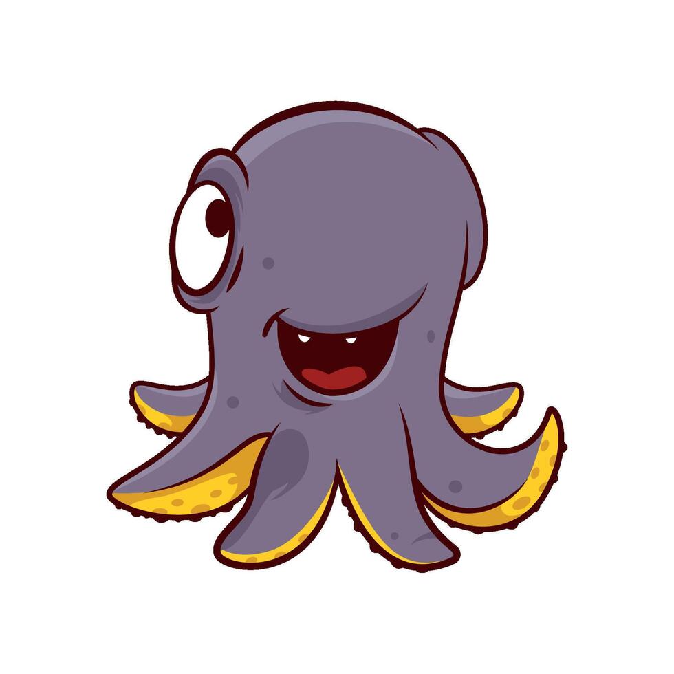 Adorable purple octopus with happy face expression. Funny marine creature with tentacles. Cartoon design vector