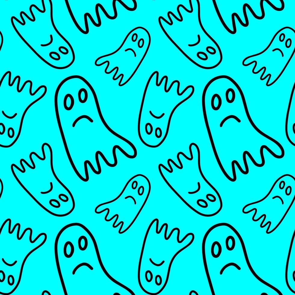 halloween seamless pattern of ghost isolated on blue background. Funny, cute illustration for seasonal design, textile, decoration kids playroom or greeting card. Hand drawn prints and doodle. vector