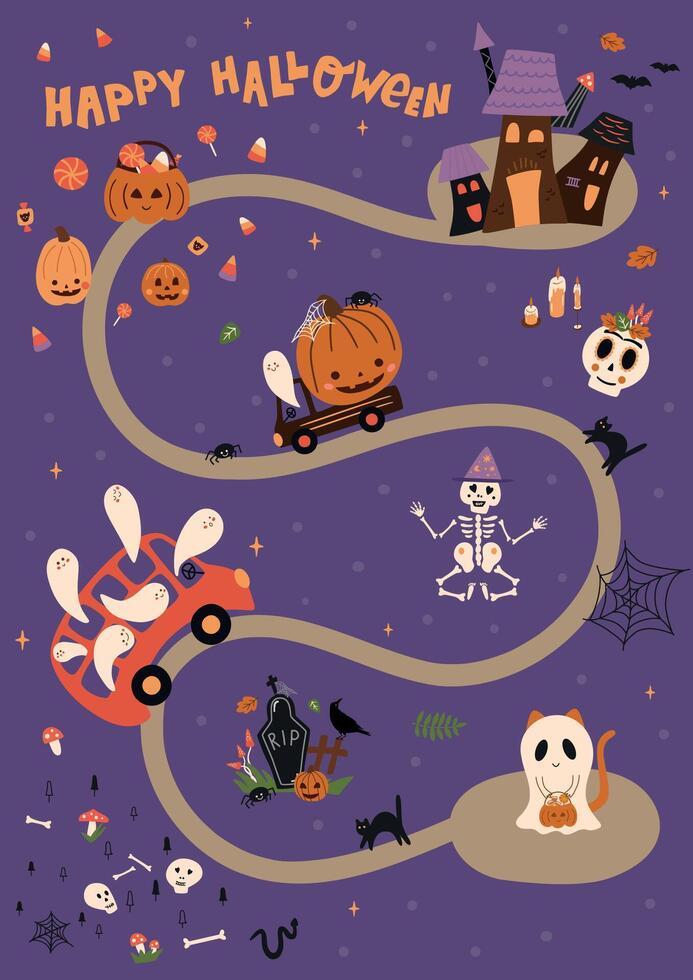 Halloween map, maze or labyrinth game card or invitation to the party. Cute ghosts, pumpkin, hunting house, road, way, car, skeleton. Kids education puzzle of find way through cartoon elements. vector