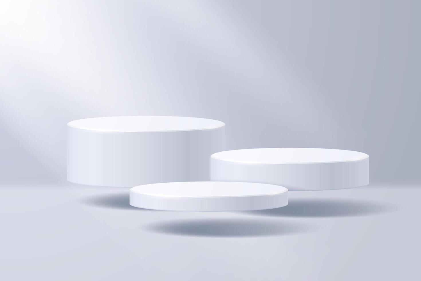 Collection of podiums levitating in space against the background of a fog illuminated by rays of sunlight. Minimalistic abstract scene. vector