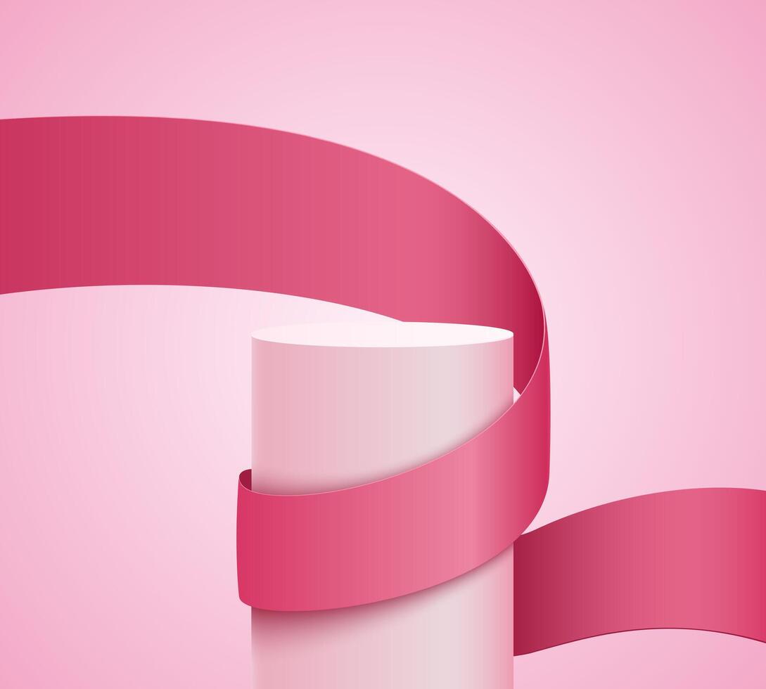 Cylindrical podium or platform wrapped with red gift ribbon on abstract pink background. Product presentation, mockup, pedestal. vector