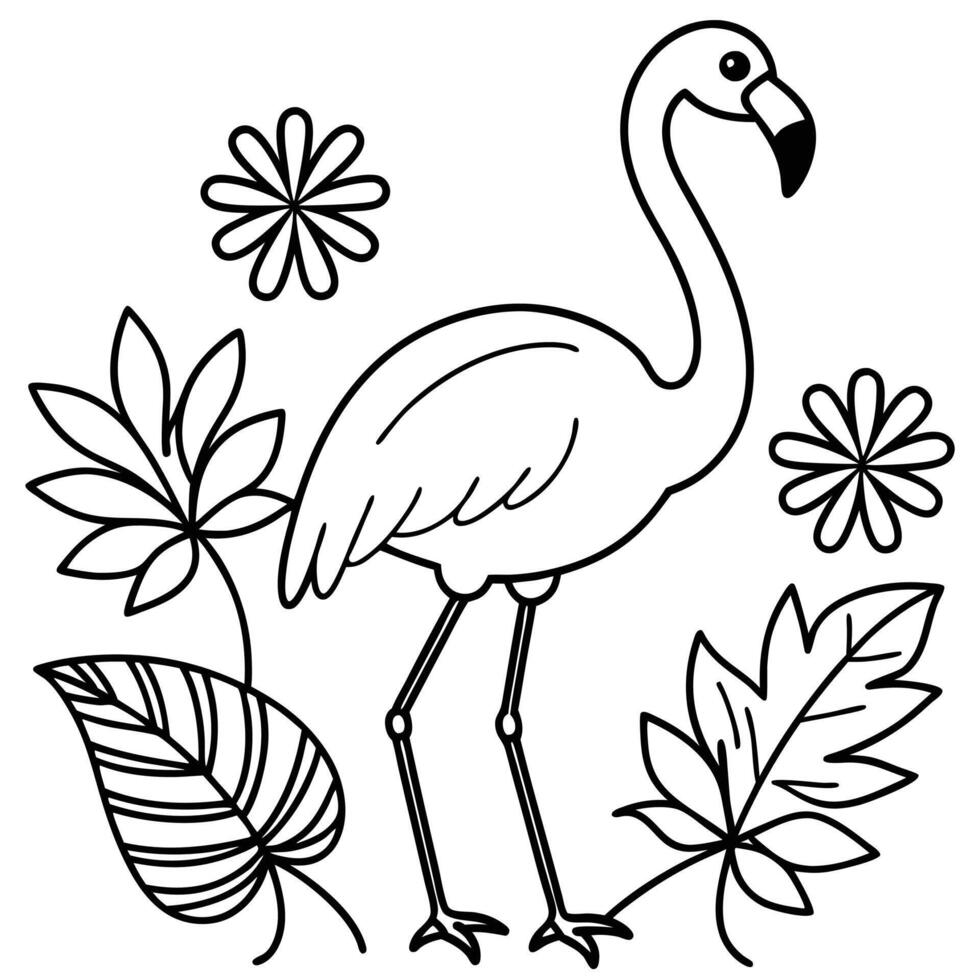 Tropical Flamingo Line Art with Flowers vector