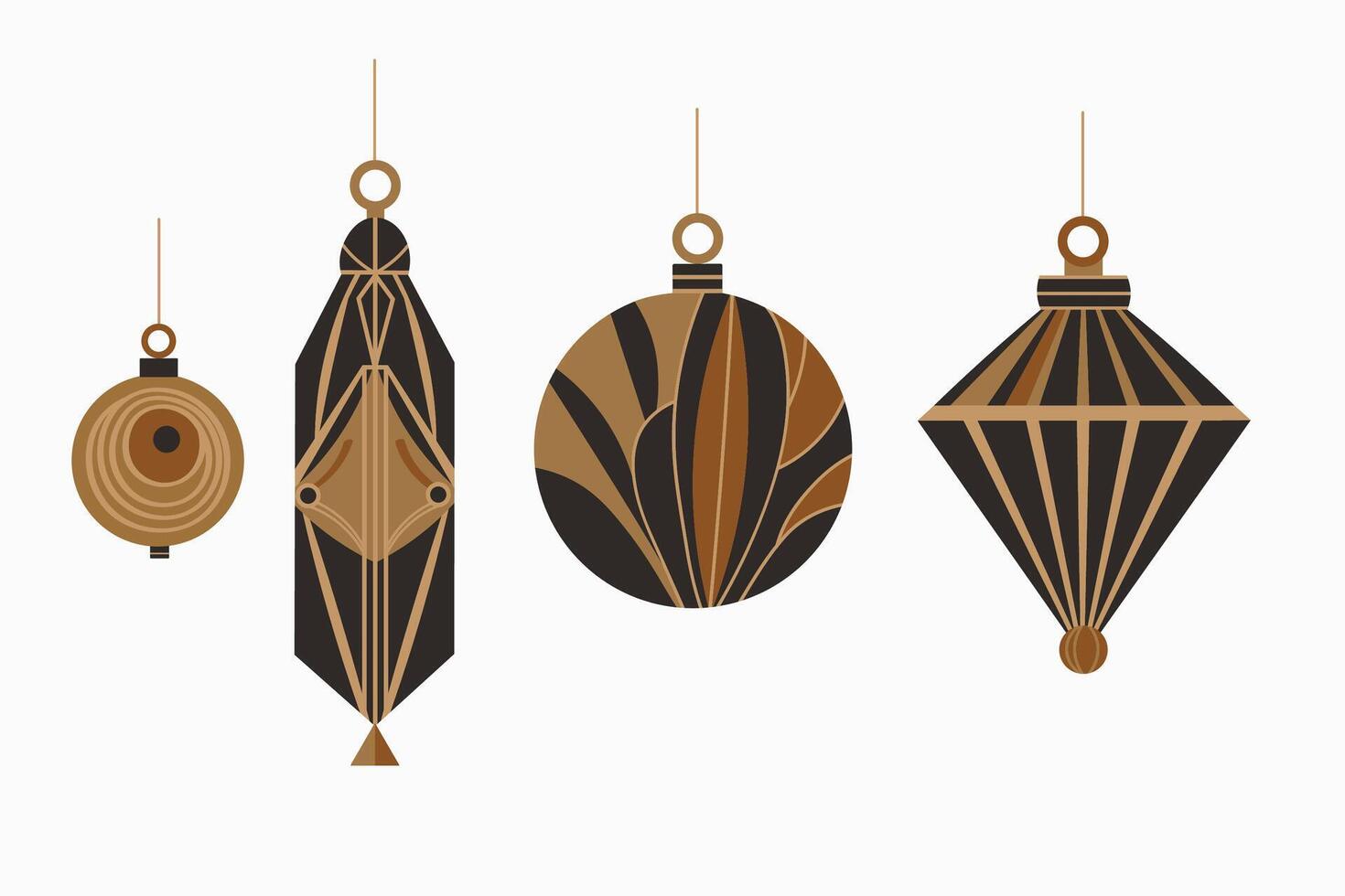 Christmas glass tree toys in Art Deco style. Hand drawn doodle with flat elegant festive New Year decor. Winter Xmas set for design, flyer, paper, card, print, congratulation, carnival vector