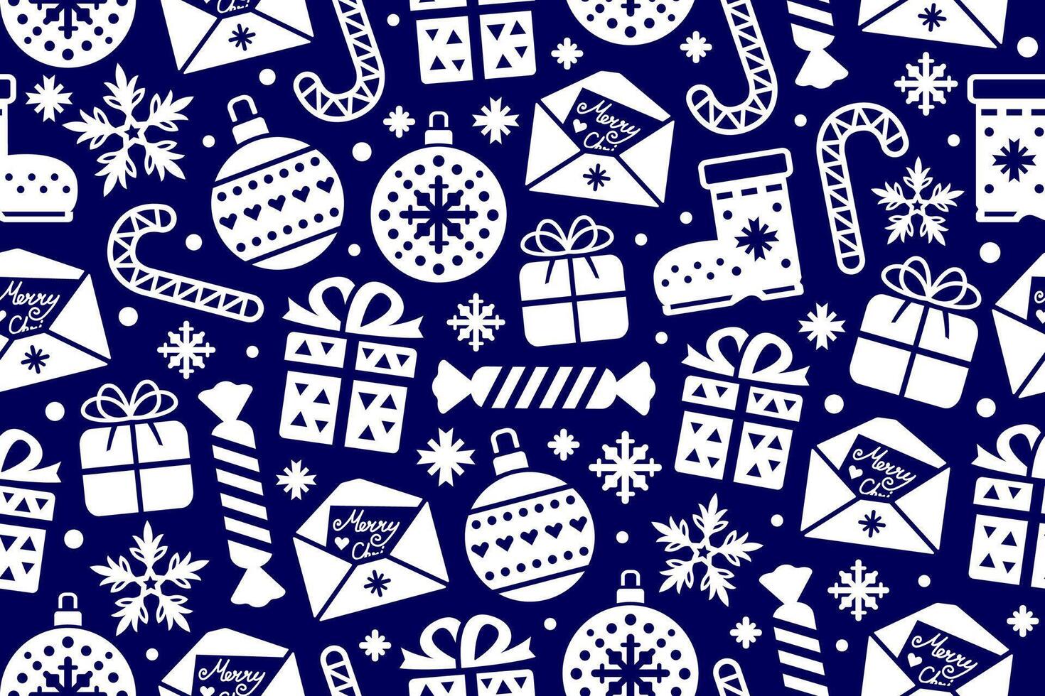 Blue and white seamless Christmas pattern. New Year repeating pattern wit candy, gift boxes, snowflakes, Christmas balls and letters. vector