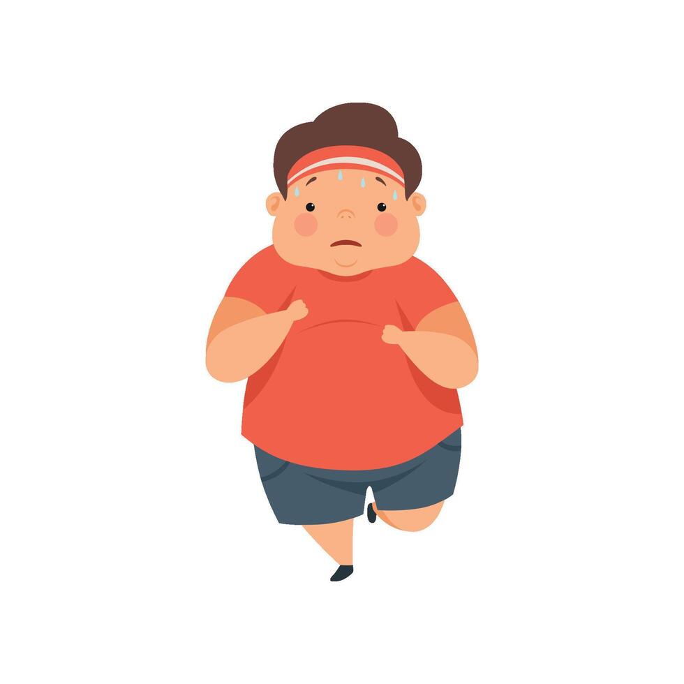 Overweight sweaty boy running, cute chubby child cartoon character Illustration on a white background vector