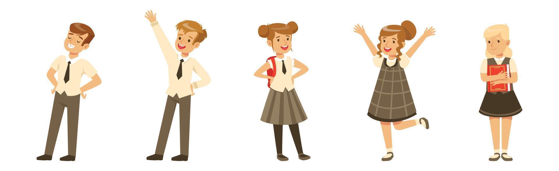 Cute Boy and Girl Character in School Uniform Set vector