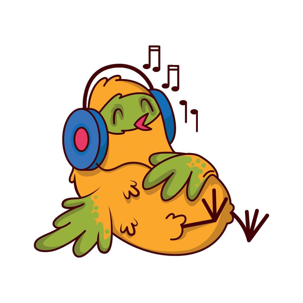 Humanized tropical bird lying on back and listening music with headphones. Cartoon character. Colorful icon vector