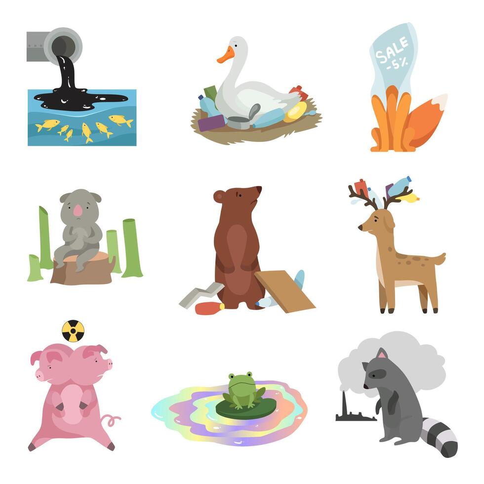 Global environmental problems set, pollution of water, earth, deforestation, destruction of animals, ecological disasters Illustration vector
