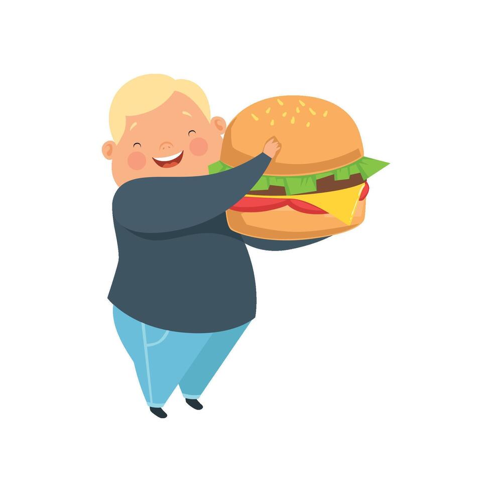 Overweight boy with a huge burger, cute chubby child cartoon character Illustration on a white background. vector