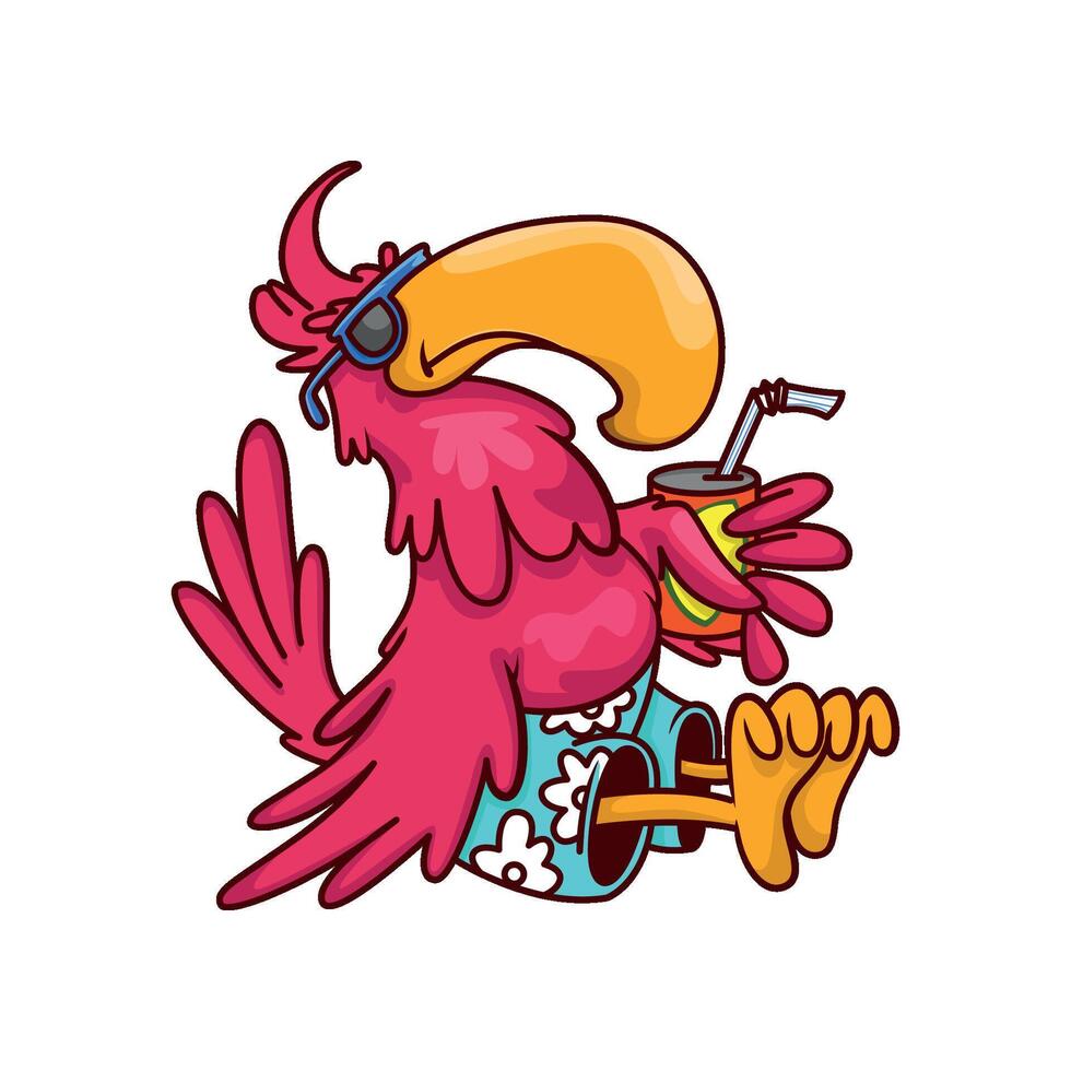 Tropical bird sitting with can of coda. Humanized creature in beach shorts and sunglasses. Cartoon design vector