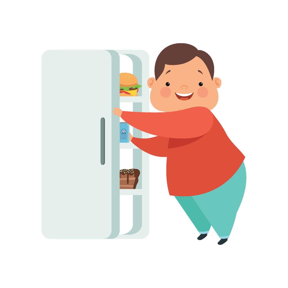 Overweight boy opening fridge with junk food, cute chubby child cartoon character Illustration on a white background vector