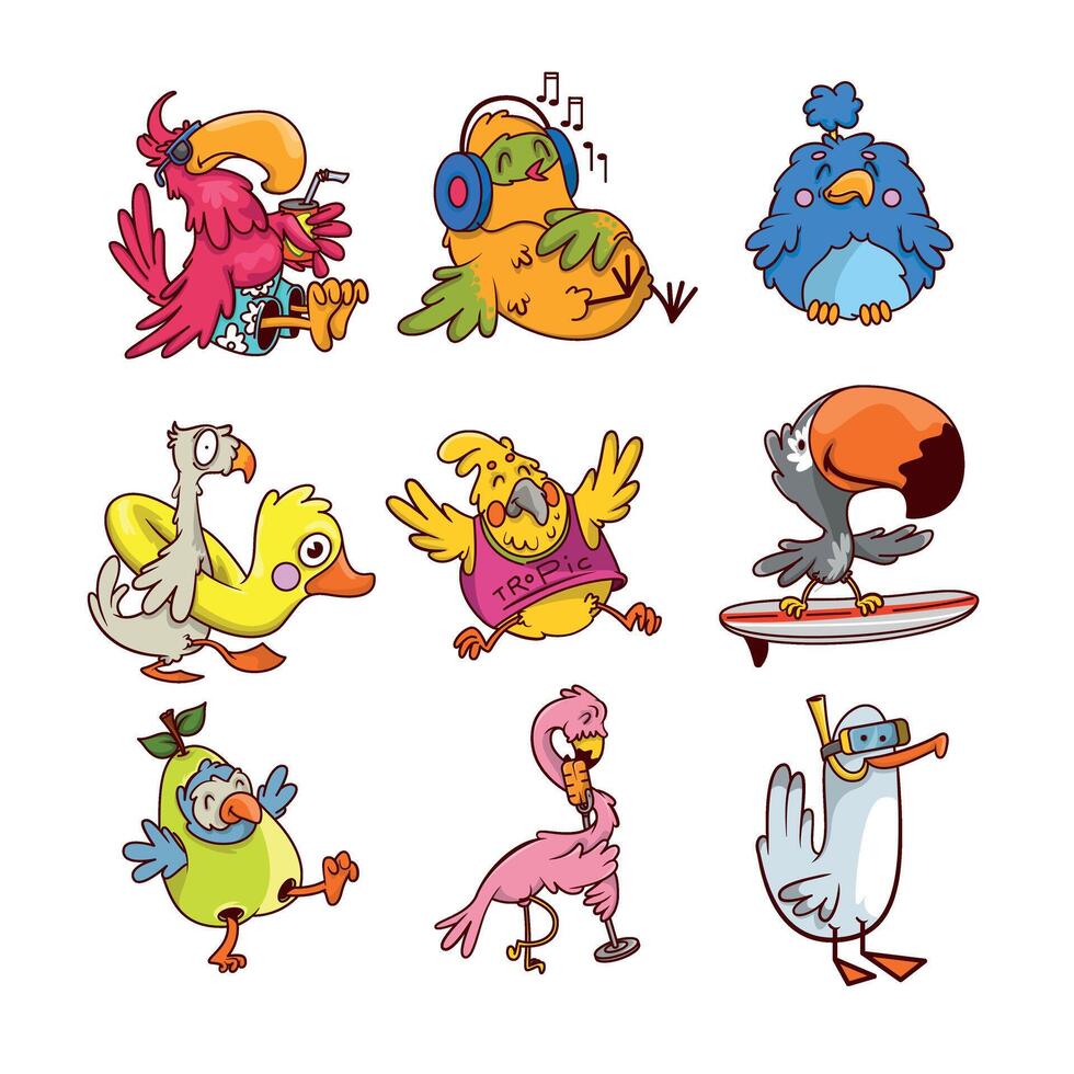set of different tropical birds in different actions. Exotic humanized creatures. Funny cartoon characters vector