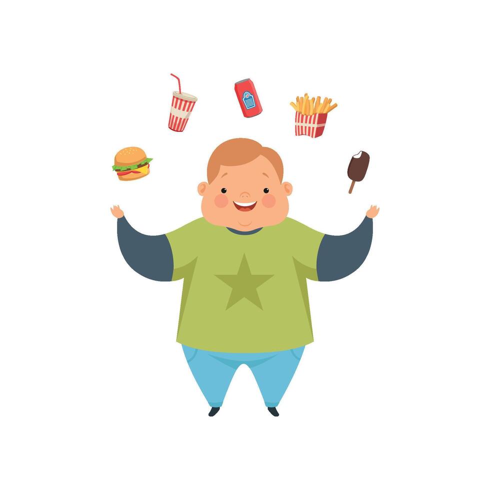 Overweight boy juggling fast food dishes, cute chubby child cartoon character Illustration on a white background vector