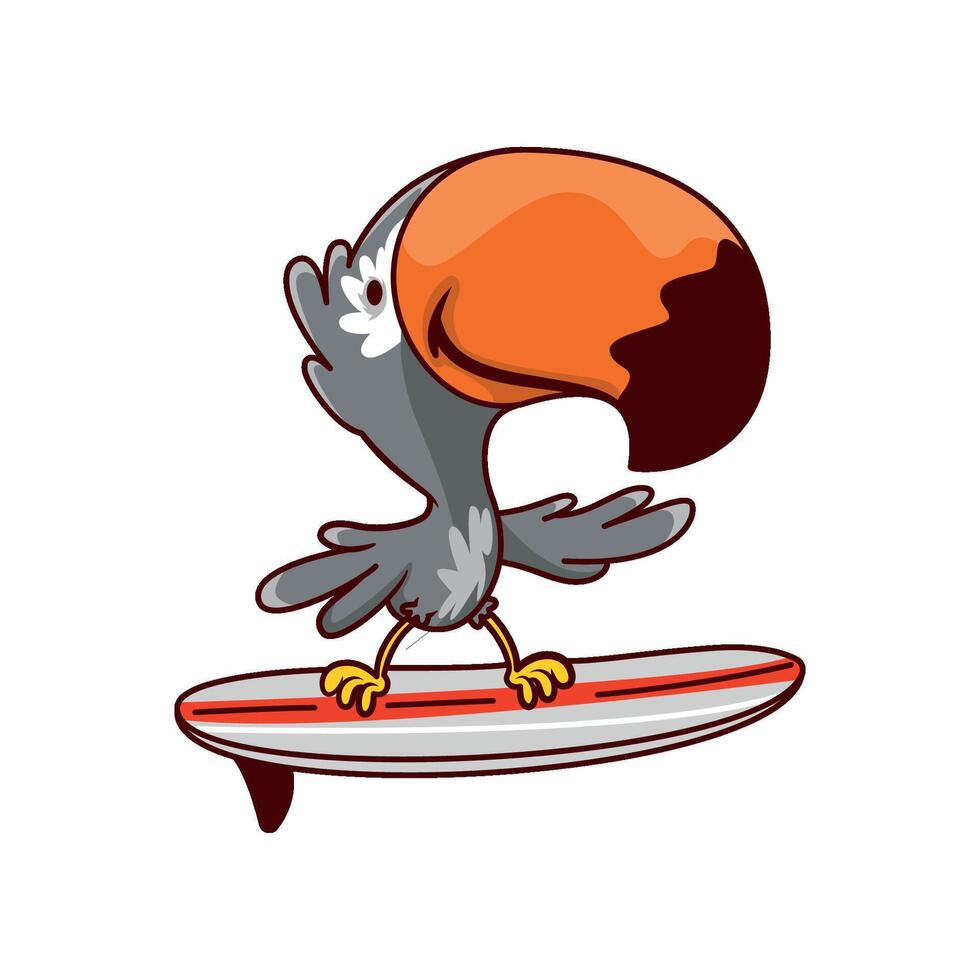 Funny humanized toucan standing on surfing board. Summer activity. Tropical bird. Cartoon design vector