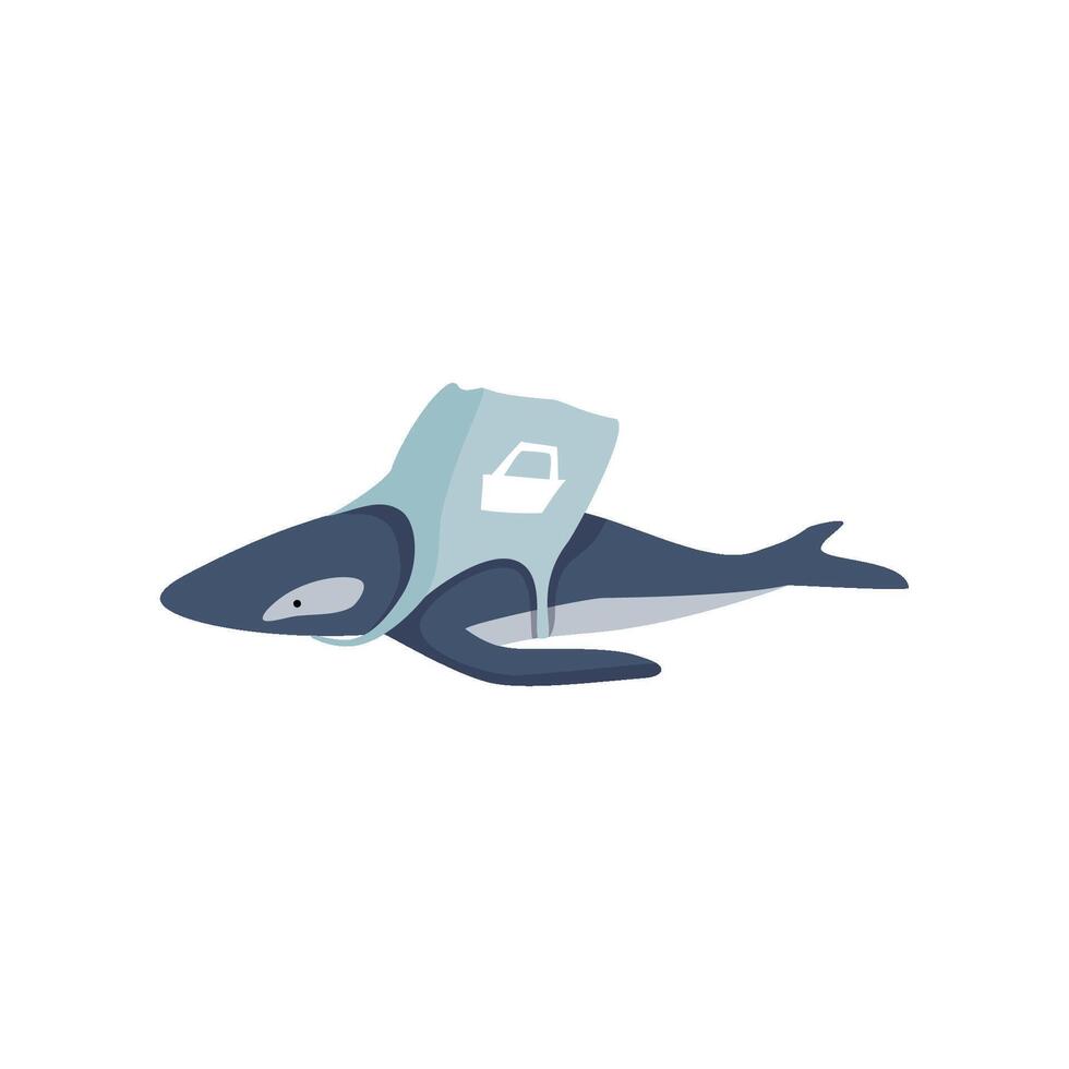 Whale entangled in a bag made of plastic, global environmental problem, ecological disaster Illustration on a white background vector