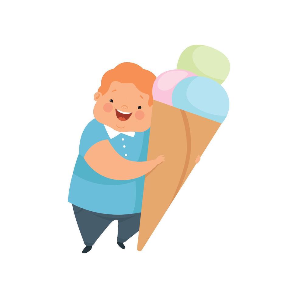 Overweight boy with a huge ice cream, cute chubby child cartoon character Illustration on a white background vector