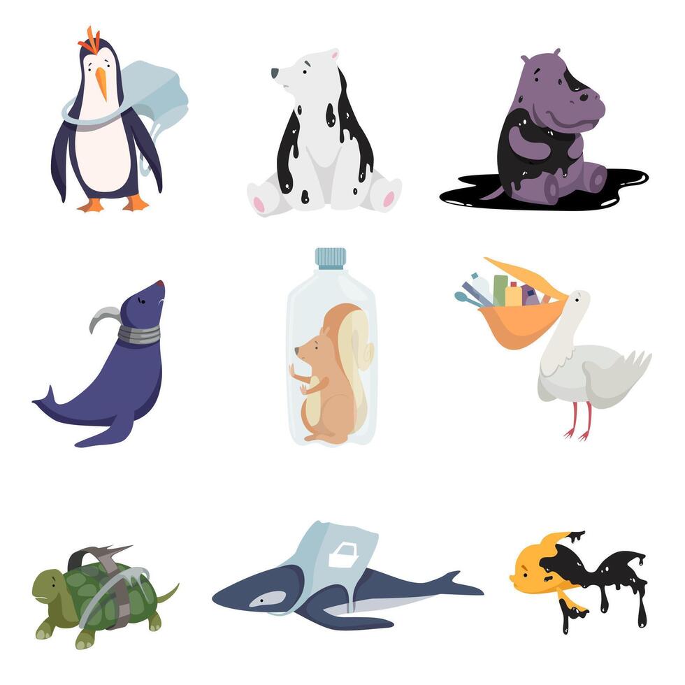 Global environmental problems set, pollution of water, air, earth, ecological disasters Illustration on a white background vector