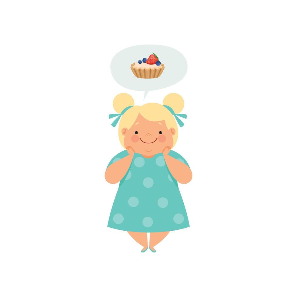 Overweight blonde girl dreaming of cupcake, cute chubby child cartoon character Illustration on a white background vector