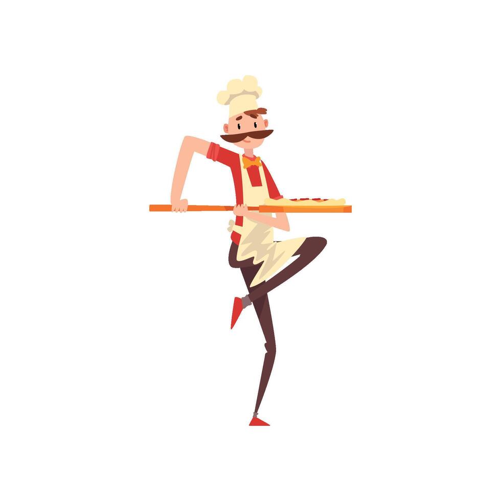 Chef carrying pizza on a stove shovel, pizza maker character, stage of preparing Italian pizza Illustration vector